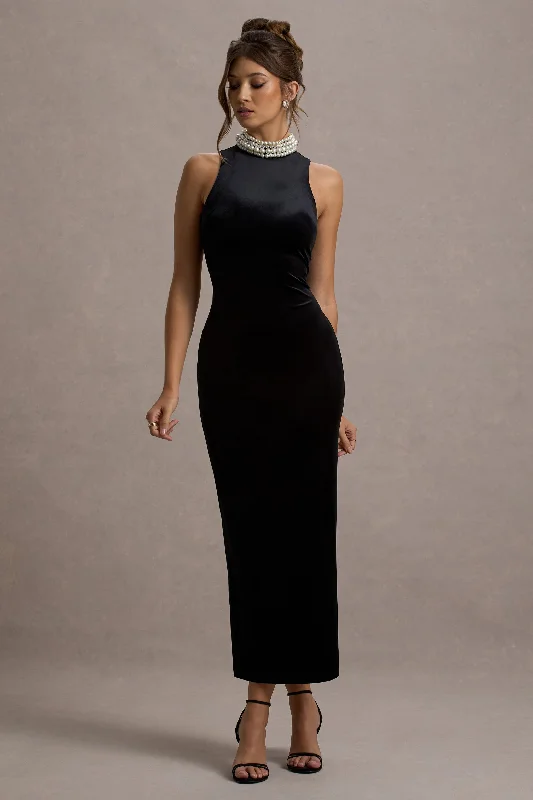 ladies-maxi-dress-yellow-yield-Audrine | Black Velvet Embellished High-Neck Maxi Dress