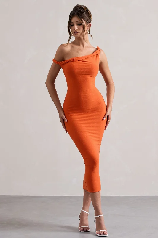 ladies-midi-dress-plus-size-perfection-Salome | Orange Twisted Asymmetric Midi Dress