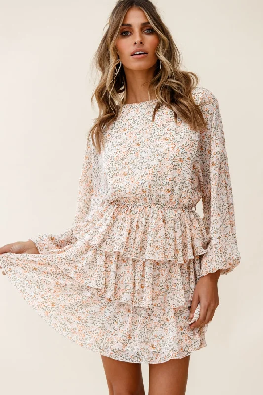 ladies-floral-dress-sage-sprout-Odessa Long Sleeve Layered Ruffle Dress Floral Print Nude