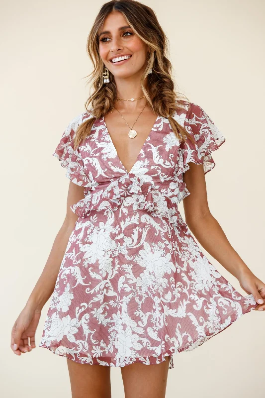 ladies-floral-dress-a-line-anemone-Say That Again Ruffle Shoulder Dress Ornate Floral Print Maroon