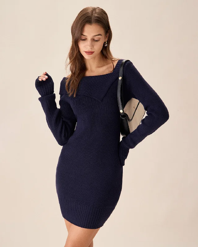 ladies-bodycon-dress-knit-snug-Navy Off The Shoulder Bodycon Sweater Dress