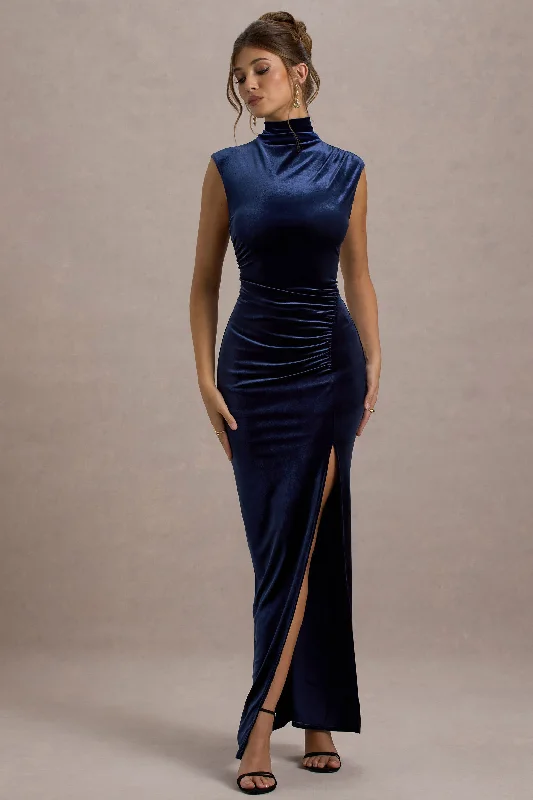 ladies-maxi-dress-padded-prance-Abilene | Navy Velvet High-Neck Split Maxi Dress