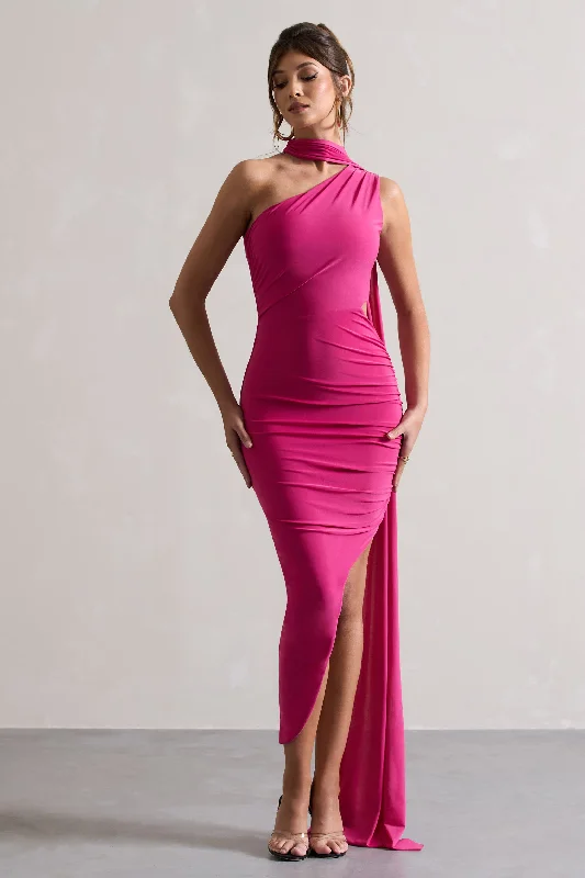 ladies-maxi-dress-claret-cascade-Icon | Dark Pink One Shoulder Cut-Out Maxi Dress With Scarf