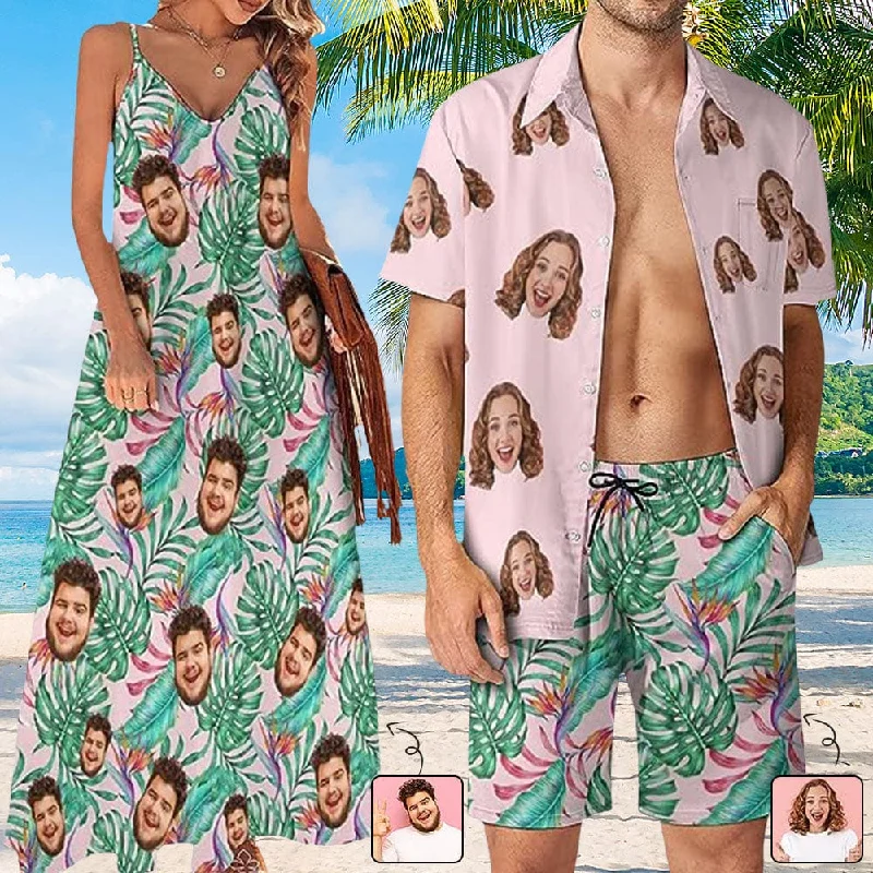 Women's shirt dress art pop -Couple Hawaiian Dress Set Cruise Outfit Custom Face Pink Hawaiian Shirt Set&Dress