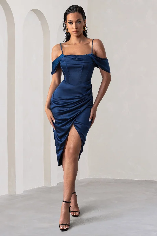 ladies-midi-dress-ash-allure-Deserving | Navy Satin Bardot Sleeve Corset Wrap Midi Dress