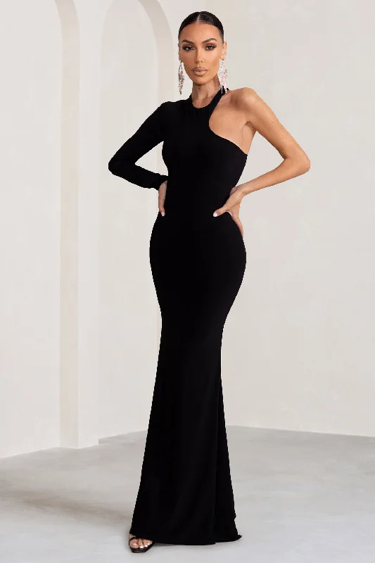 ladies-maxi-dress-social-sweep-Tyra | Black Asymmetric Neck Cut Out Maxi Dress With Open Back Detail