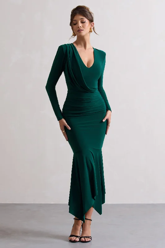 ladies-maxi-dress-cerulean-charm-Milena | Bottle Green Plunge-Neck Maxi Dress With Draped Hem