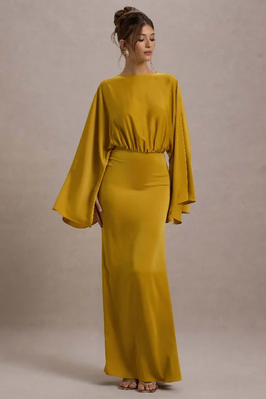 ladies-maxi-dress-maroon-muse-Zuzanna | Mustard Draped Maxi Dress With Cape Sleeves