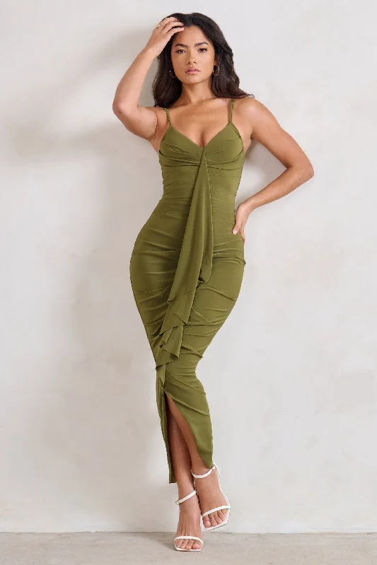 ladies-midi-dress-rose-rush-Dorothy | Olive Green Plunge V Neckline Ruffle Midi Dress