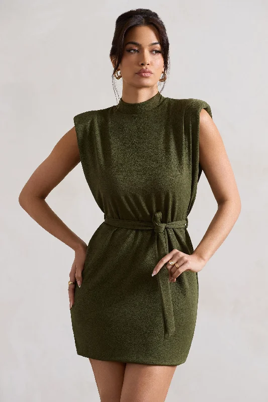 Women's mini dress micro flair -Asher | Olive High-Neck Mini Dress With Tie Waist