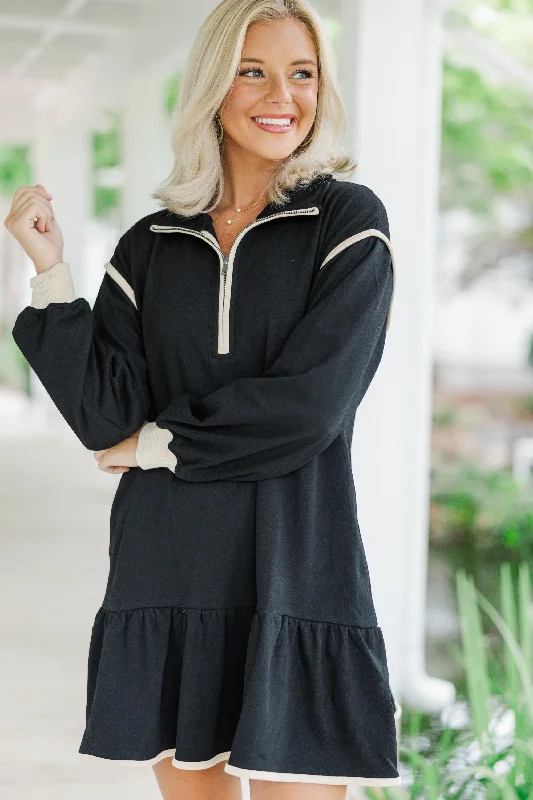 Women's shirt dress trip chic -Make It Right Black Half Zip Sweatshirt Dress