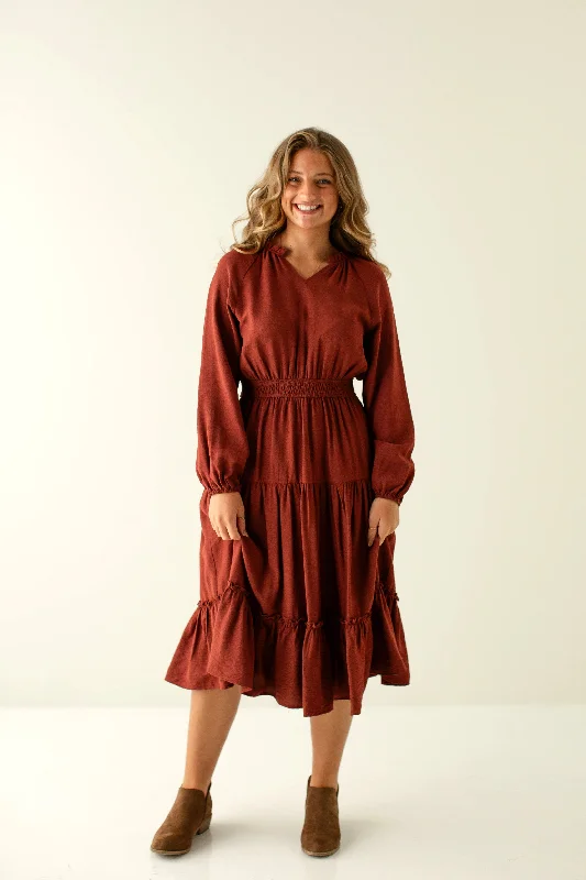 ladies-midi-dress-long-sleeve-luxe-'Amber' Raglan Sleeve Tiered Midi Dress in Deep Rust