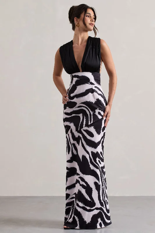 ladies-maxi-dress-crimson-calm-Azzara | Zebra Print Satin Ruched V-Neck Maxi Dress