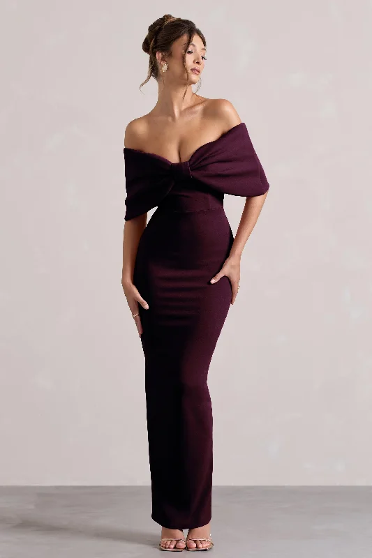 ladies-maxi-dress-bodycon-bloom-Cornelia | Plum Strapless Maxi Dress With Oversized Bow