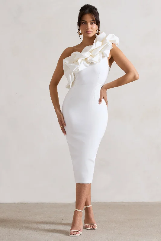 ladies-midi-dress-opal-orchid-Orchestra | White One Shoulder Ruffled Midi Dress