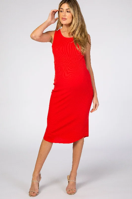 ladies-midi-dress-a-line-artistry-Red Ribbed Sleeveless Maternity Midi Dress