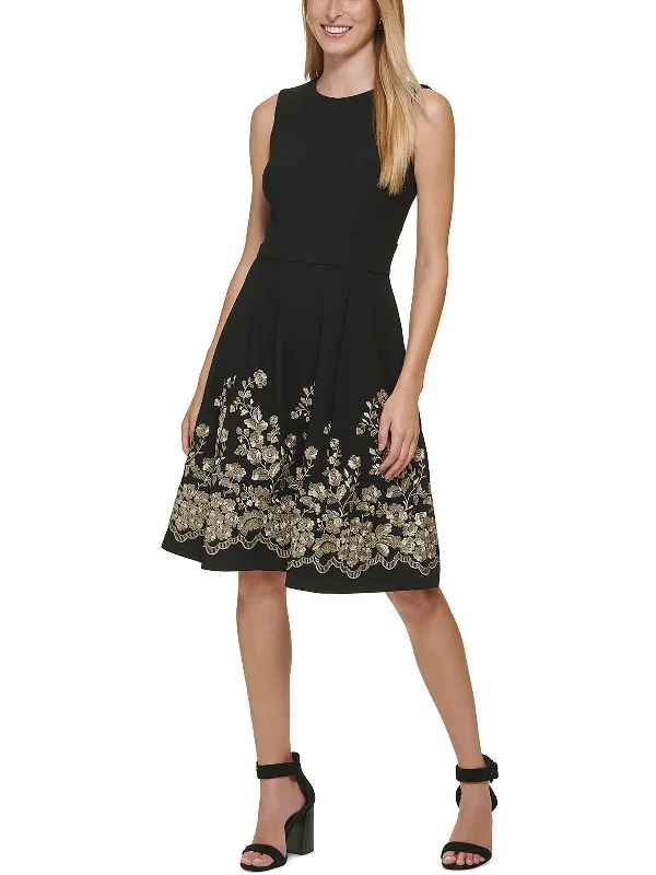 Women's mini dress hem pop -Petites Womens Embroidered Mini Fit & Flare Dress