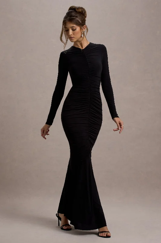 ladies-maxi-dress-slim-sway-Kalilah | Black Long-Sleeve Ruched Maxi Dress