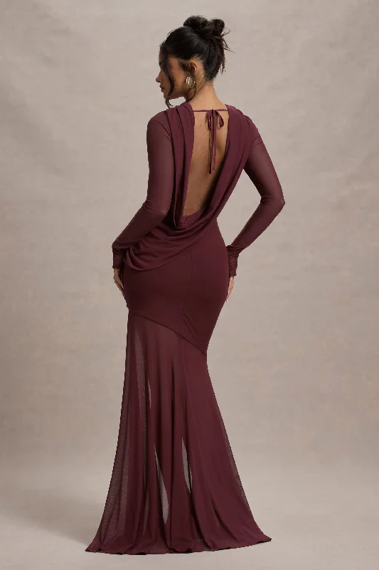 ladies-maxi-dress-ivory-illume-Tigerlily | Port Mesh Long-Sleeve Open-Back Maxi Dress