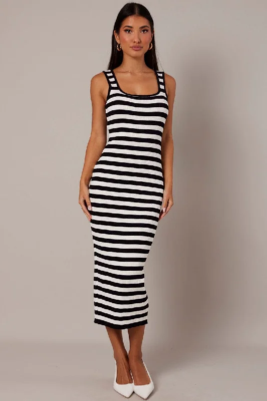 ladies-bodycon-dress-crimson-craze-Beige Stripe Knit Midi Dress Sleeveless Scoop Neck Bodycon Rib