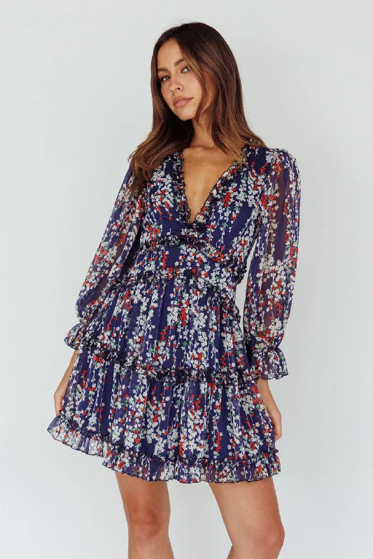 ladies-floral-dress-rose-reverie-Laney Cutout Back Ruffle Detail Floral Dress Navy