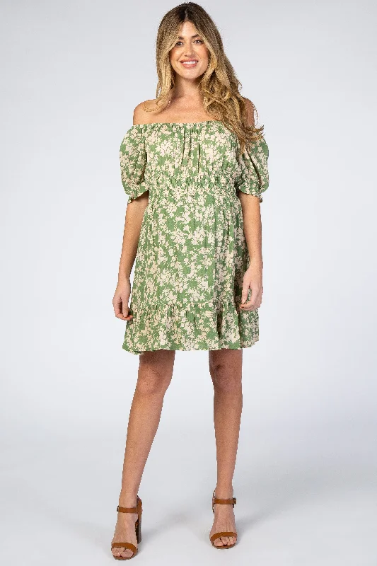 Women's mini dress city flair -Green Floral Off Shoulder Maternity Mini Dress