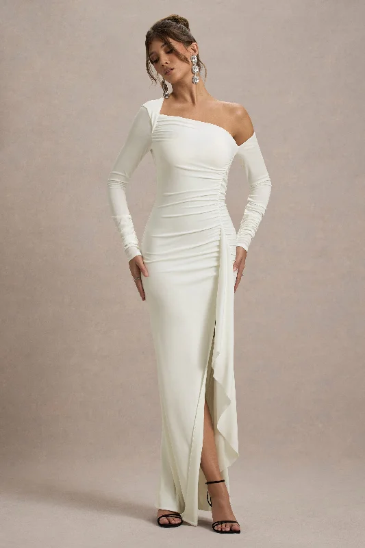 ladies-maxi-dress-royal-ripple-Nerina | Cream Asymmetric Long-Sleeve Split Maxi Dress