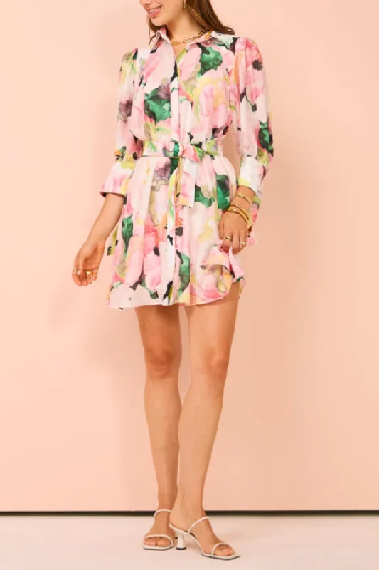 Women's shirt dress rim chic -Printed Midi Sleeve Mini Shirt Dress