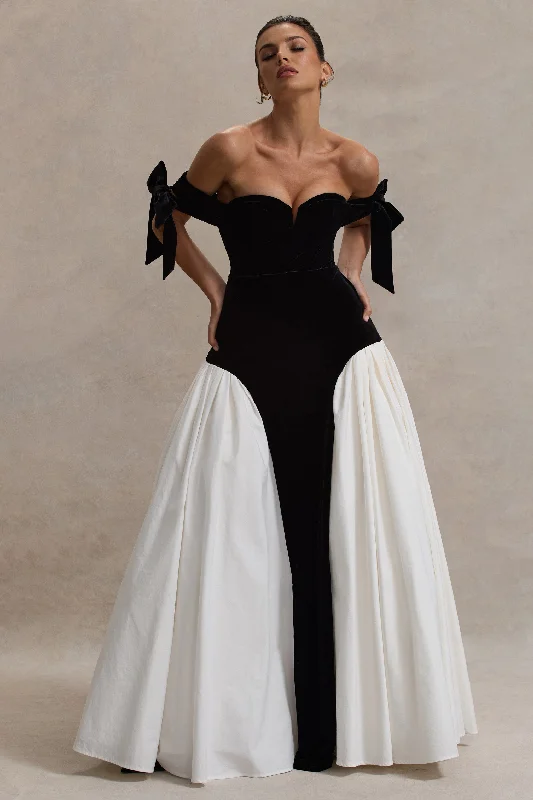 ladies-maxi-dress-flared-finesse-Cyndi | Black & Cream Velvet Bardot Maxi Dress With Volume Skirt