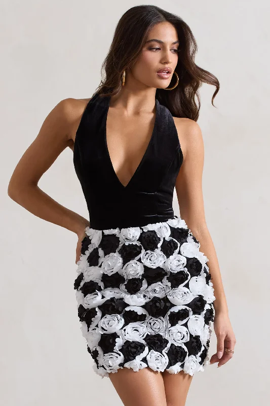 Women's mini dress tiny chic -Serenade | Black & White Plunge Halter-Neck Mini Dress With Flowers