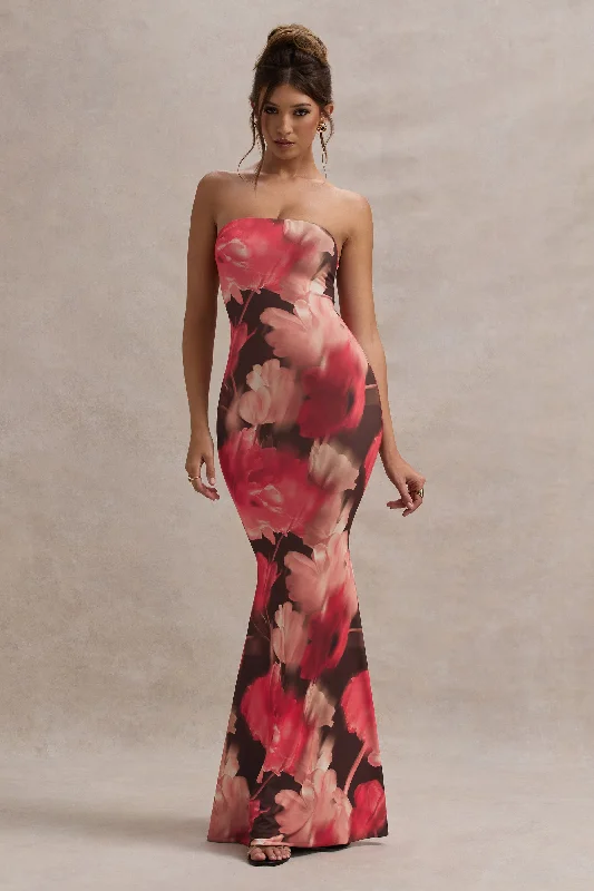 ladies-maxi-dress-cocktail-cascade-Ceremony | Red Floral Print Bandeau Fishtail Maxi Dress