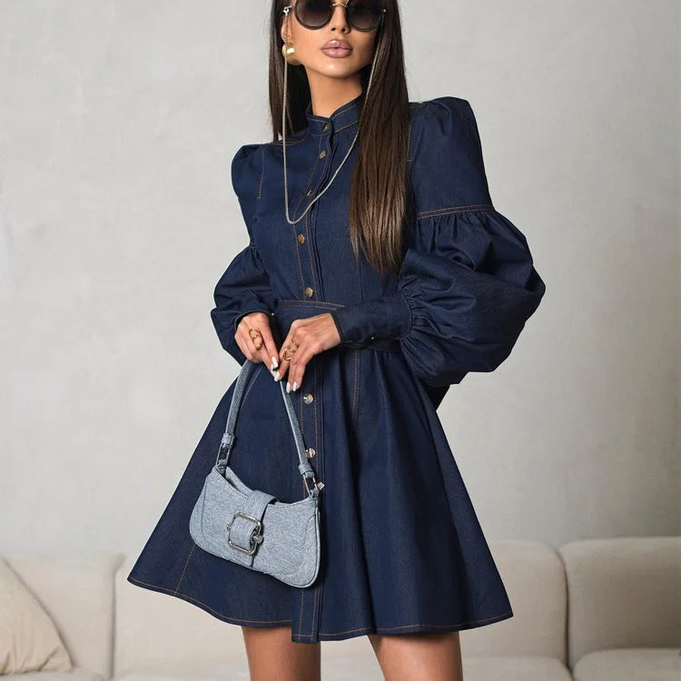 Women's shirt dress made glow -Lantern Sleeve Lace-up Denim Shirt Dress