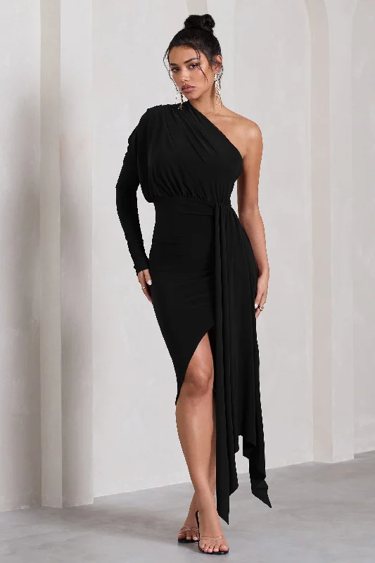 ladies-midi-dress-bold-breeze-Catherine | Black One Sleeve Asymmetric Midi Dress With Statement Drape