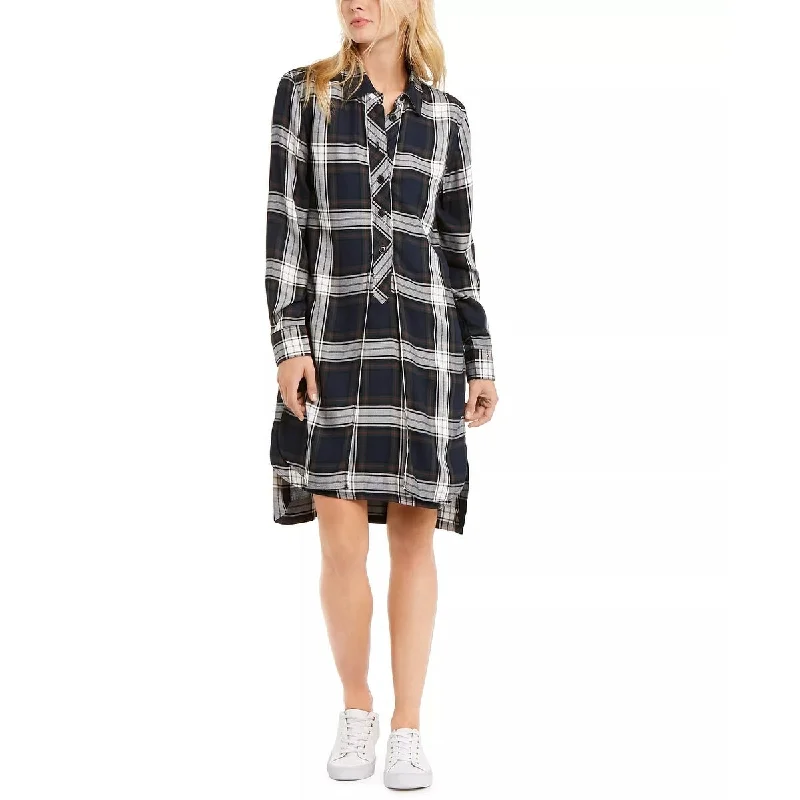 Women's shirt dress bold flair -Tommy Hilfiger Women's Plaid High-Low Shirt Dress Blue Size 12