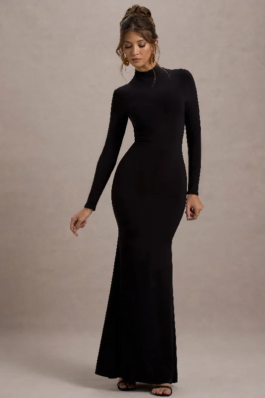 ladies-maxi-dress-street-sweep-Tova | Black High-Neck Long-Sleeve Maxi Dress