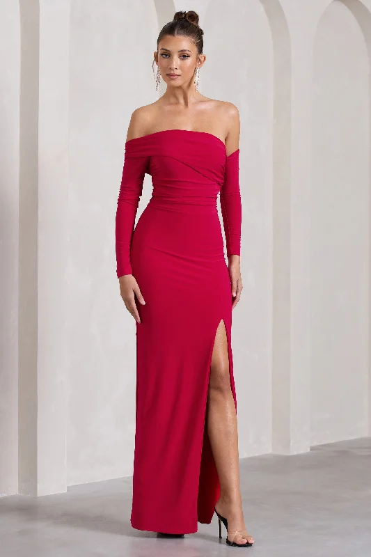 ladies-maxi-dress-casual-calm-Stand Out | Red Bardot Long Sleeve Ruched Maxi With Side Split