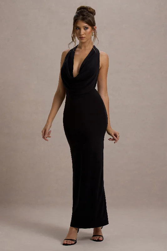 ladies-maxi-dress-white-wisp-Edessa | Black Plunge-Neck Maxi Dress