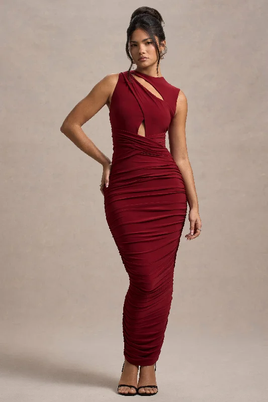 ladies-maxi-dress-burgundy-bloom-Aire | Wine Cut-Out Ruched Maxi Dress