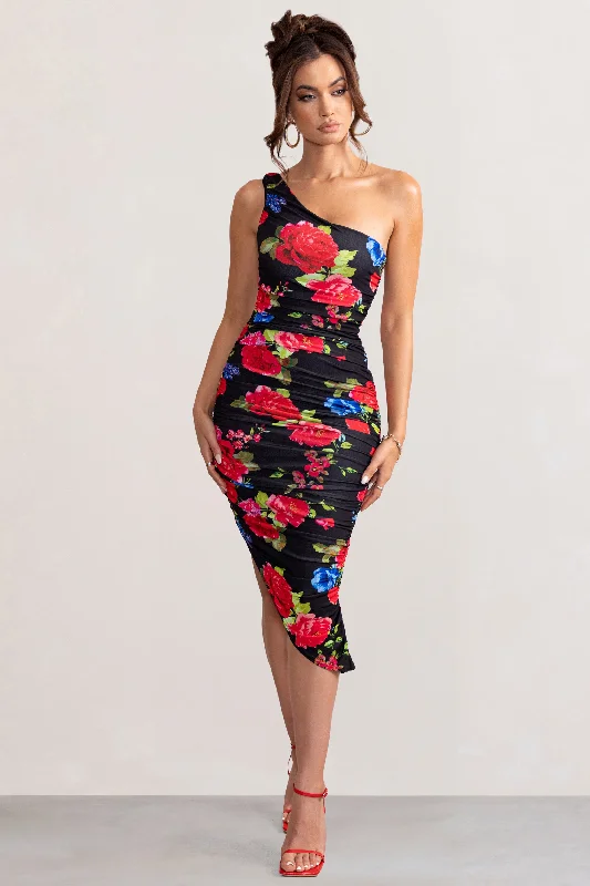 ladies-midi-dress-neon-nifty-Late Night | Black Floral Print Asymmetric One Shoulder Ruched Midi Dress