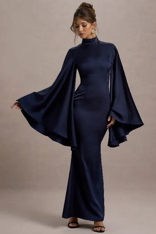 ladies-maxi-dress-elegant-essence-Maceline | Navy Satin High-Neck Maxi Dress With Cape Sleeves