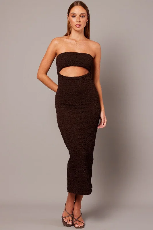 ladies-bodycon-dress-curvy-cling-Brown Bodycon Dress Textured