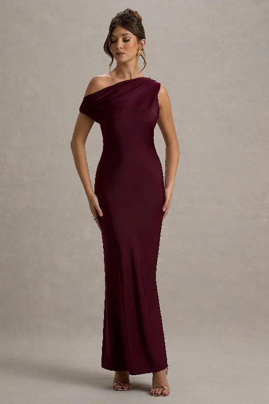 ladies-maxi-dress-youthful-yield-Isolde | Burgundy Satin One-Shoulder Maxi Dress