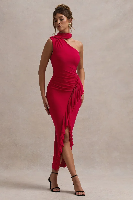 ladies-maxi-dress-taupe-tide-Nevaeh | Red Asymmetric High-Neck Ruffle Split Maxi Dress