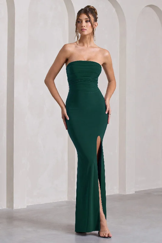 ladies-maxi-dress-ecru-essence-Midnight Calling | Bottle Green Bandeau Split Lace-Up Maxi Dress