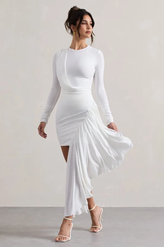 Women's mini dress mute flair -Tate | White Long-Sleeve Wrap Mini Dress With Drape