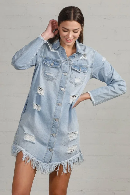 Women's shirt dress vast pop -Heavy Body Destroyed Denim Shirt Dress in Light Wash