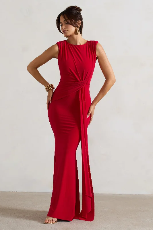 ladies-maxi-dress-wedding-waltz-Kadie | Red Sleeveless Gathered Maxi Dress With Drape