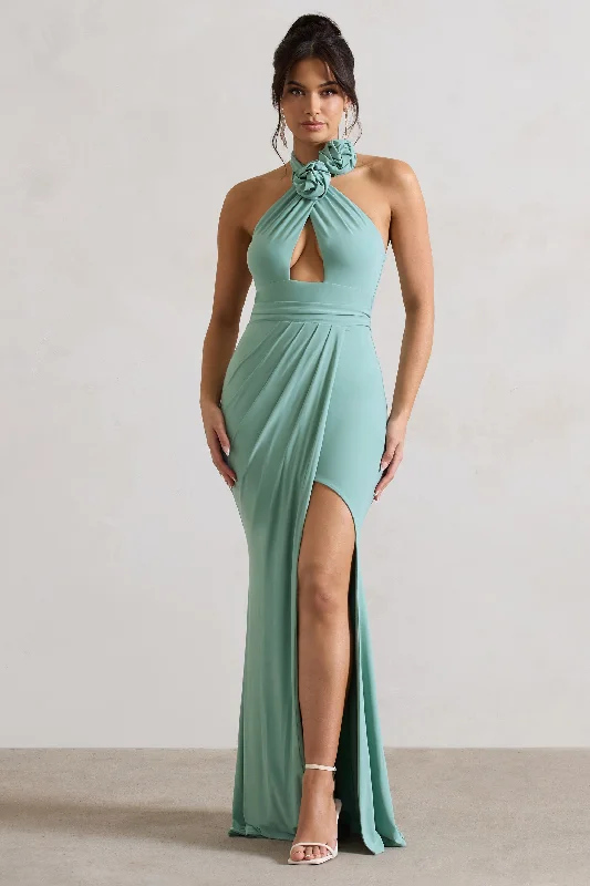 ladies-maxi-dress-mint-majesty-Kira | Sage Halter-Neck Cut-Out Split Maxi Dress With Flowers