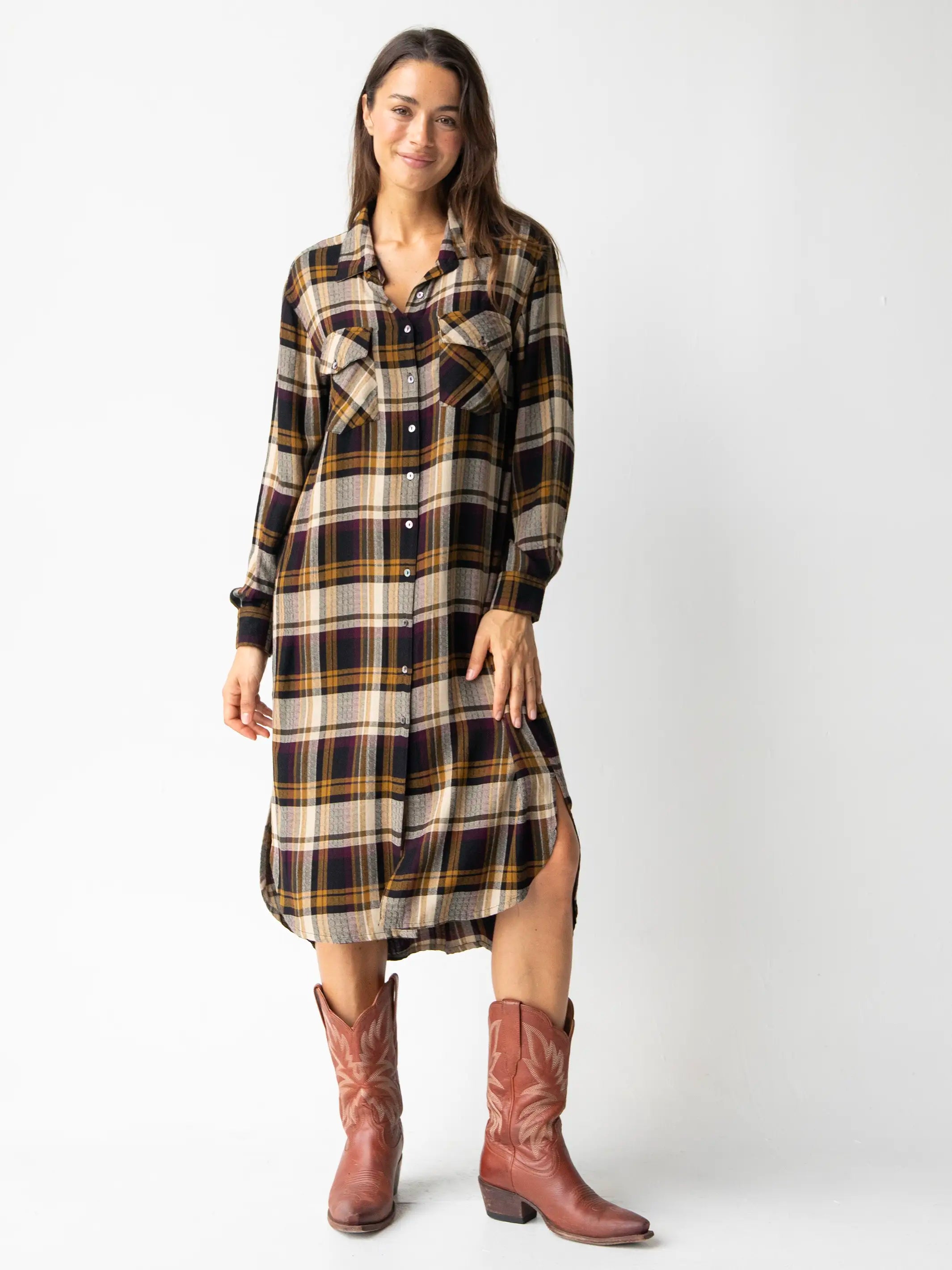 Women's shirt dress line pop -Cooper Shirt Dress - Black Tan Plaid