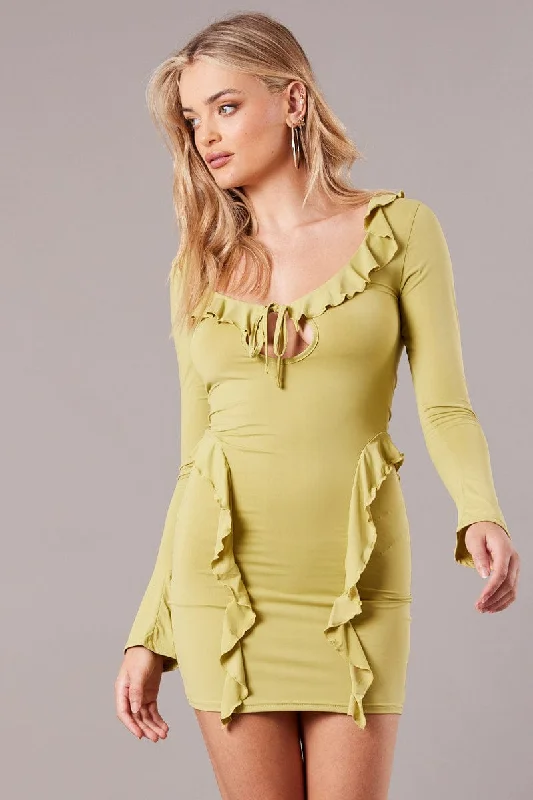 ladies-bodycon-dress-glitter-glow-Green Ruffle Mini Dress Bell Cuff Bodycon Dress